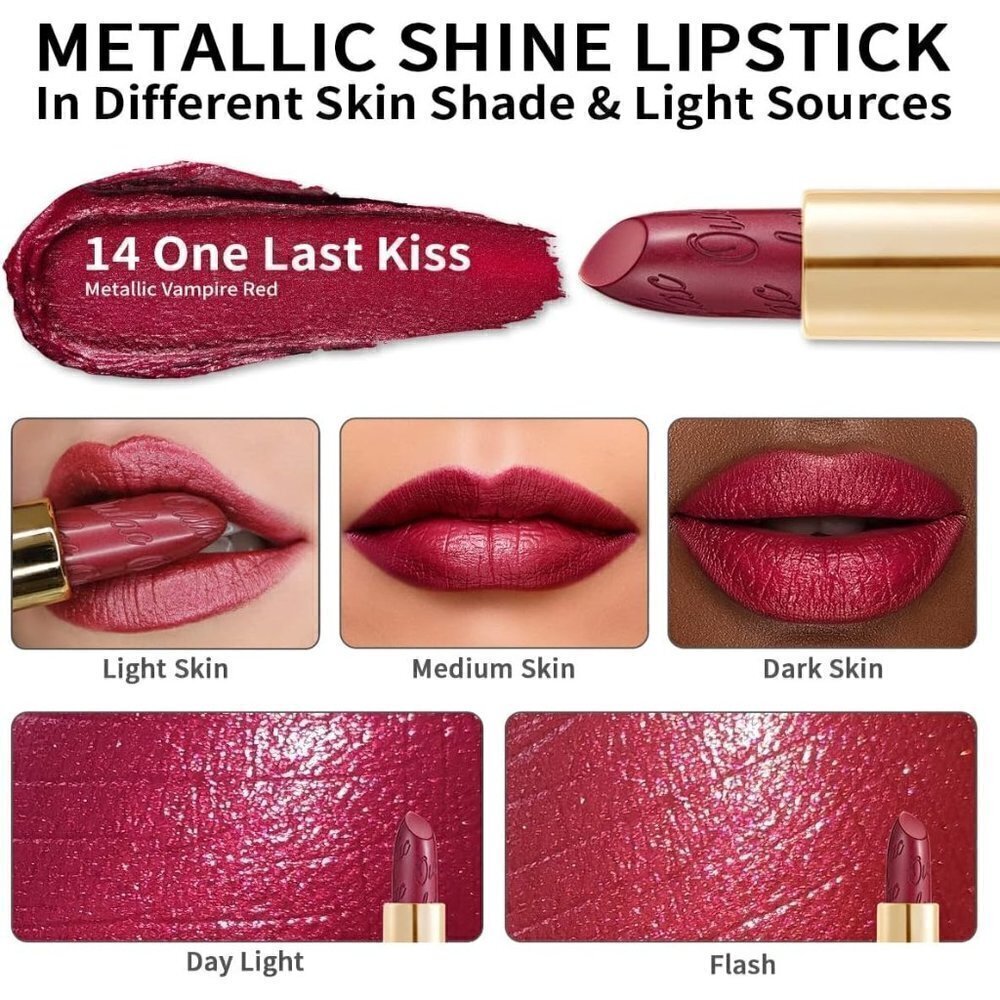 Oulac Metallic Shine Dark Red Lipstick for Women 4.3 g/0.15 oz (One Last Kiss 14 - Picture 3 of 7